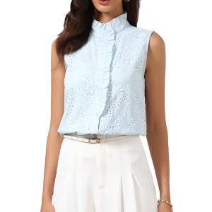 INSPIRE CHIC Women's Eyelet Stand-up Collar Crochet Floral Embroidered Peplum Sleeveless Blouses - 1 of 4