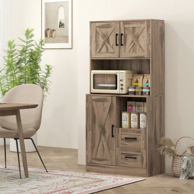 Rustic Driftwood Particle Board Kitchen Pantry Cabinet with Barn Doors