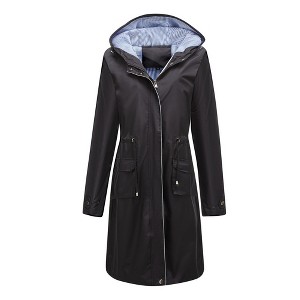 Women's Long Casual Trench Coat, Water-Resistant Hooded Solid Color Top with Striped Lining, Straight-Cut Outerwear - 1 of 4