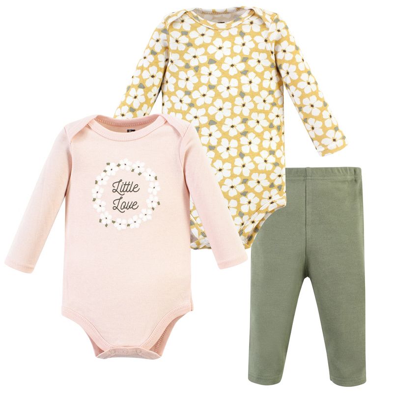 Hudson Baby Infant Girl Cotton Bodysuit and Pant Set, Sage Floral Wreath Long Sleeve, 1 of 6