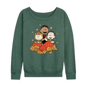 Women's - Peanuts - Peanuts Pumpkin Trio Lightweight French Terry Wide Neck Long Sleeve Graphic Shirt - 1 of 4