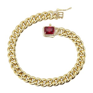 14K Yellow Gold Curb Chain Bracelet featuring a Colored Cubic Zirconia Halo Cluster, combining rich color and sparkling elegance for a stunning look - 1 of 3