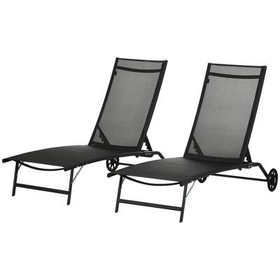 Black Mesh Adjustable Outdoor Chaise Lounge Set with Wheels