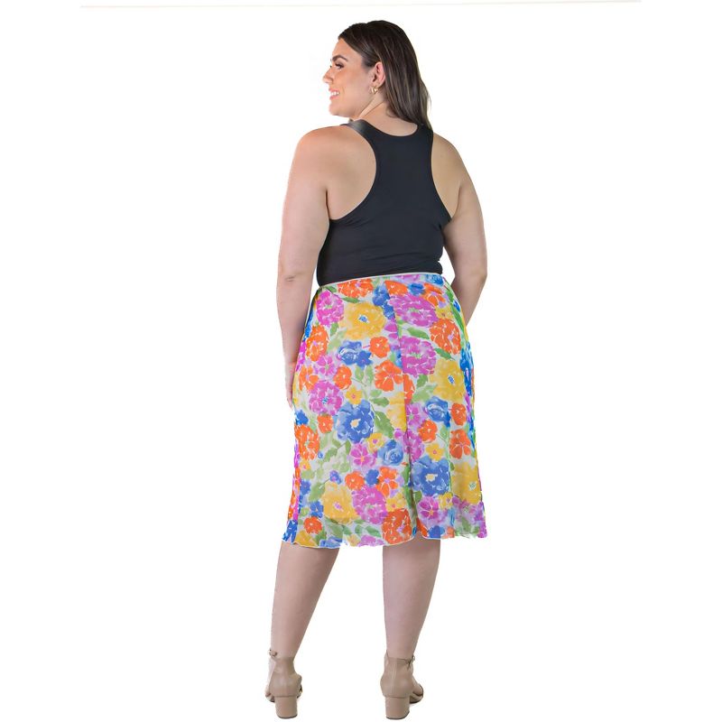 Plus Size Sheer Overlay Colorful Floral Elastic Waist Knee Length Skirt, 2 of 7