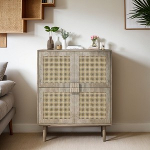 CAVINAS Rustic Square Sideboard Cabinet with Adjustable Shelves & 4 Rattan Mesh Doors,Buffet Cabinet with Storage for Kitchen,Dining Room - 1 of 4