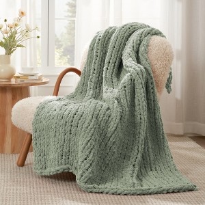 Handmade Chenille Throw Blanket , Chunky Knit Cable Knitted Crochet Blanket-Amelie Home - 1 of 4