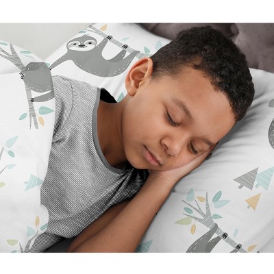 Gray and Aqua Sloth Print Twin Microfiber Sheet Set