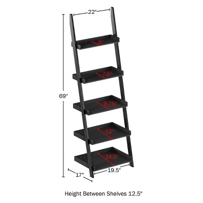 Black 5-Tier Wood Ladder Bookshelf for Storage