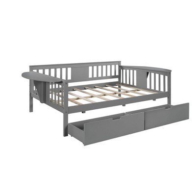 NicBex Twin/Full Size Daybed, Wooden Day Bed With 2 Drawers, Sofa Bed Frame with Foldable Shelves Safety Guardrail
