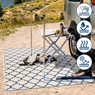 Beige and Navy Synthetic Trellis 4' x 6' Reversible Rug