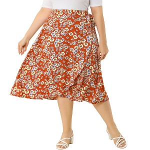 Agnes Orinda Women's Plus Size Floral Tie Side Ruffle Hem Wrap Boho Casual A-Line Midi Skirt - 1 of 4