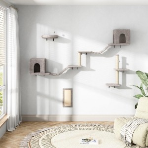 NAYSAYE 8-in-1 Cat Wall Furniture Wall Mounted Cat Climbing Wall Shelves with Tree, Perch, Scratching Post and Bridge for Cats, Beige, 20"*15"*11" - 1 of 4