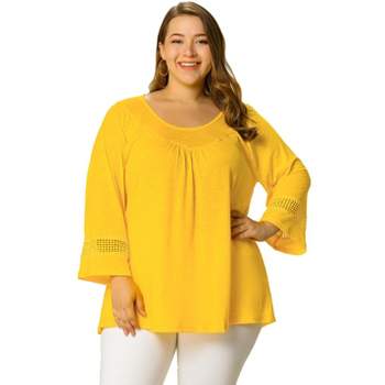 Agnes Orinda Women's Plus Size Crochet Panel Long Sleeves Ruched Front Casual Blouses