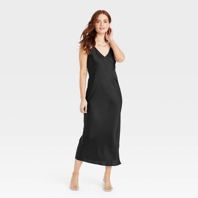 A-Line Satin Slip Maxi Dress Black