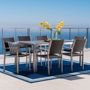 Cape Coral 7pc Aluminum & Wicker Glass Outdoor Patio Dining Set: Weather-Resistant, 6-Seater - Christopher Knight Home - 1 of 4