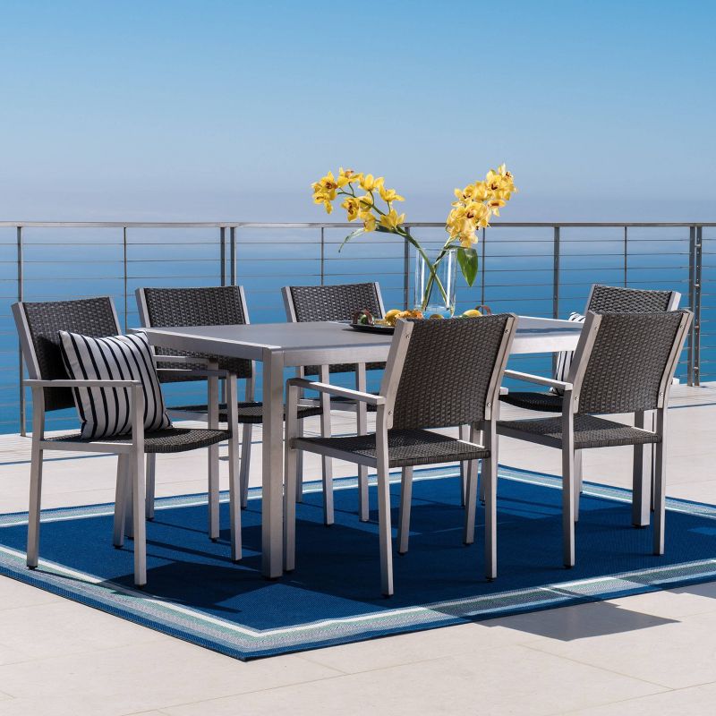 Cape Coral 7pc Aluminum & Wicker Glass Outdoor Patio Dining Set - Silver/Gray - Christopher Knight Home, 1 of 8
