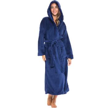 Alexander Del Rossa Women's Classic Winter Robe, Hooded Plush Fleece Bathrobe Navy Blue Small-Medium