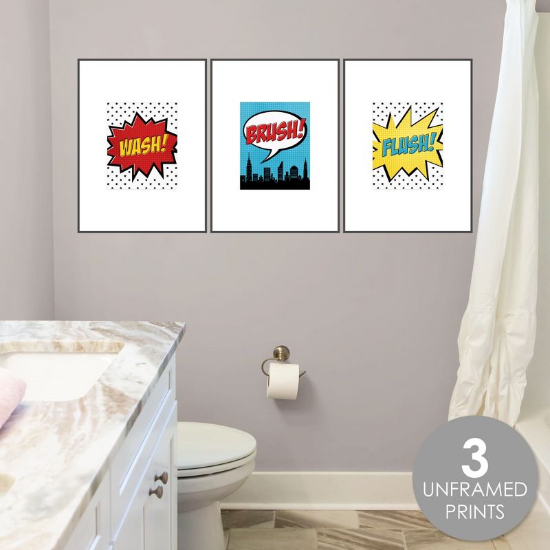 Big Dot of Happiness BAM! Superhero - Unframed Wash, Brush, Flush - Bathroom Wall Art - 8 x 10 inches - Set of 3 Prints, 3 of 7