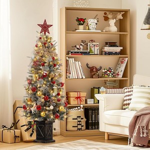 4.5 FT Prelit Premium Snow Flocked Artificial Christmas Tree with 8 Mode Warm White LED, Mini Prelit Xmas Pine Tree - 1PCS - 1 of 4