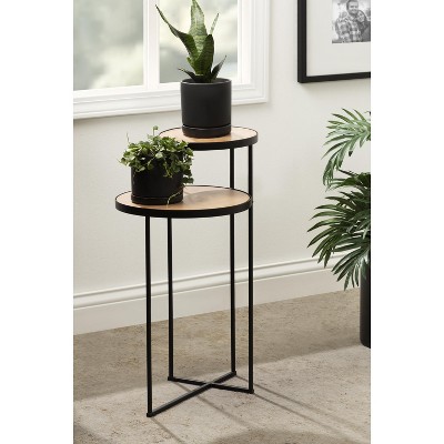 Peero Two-Tier Natural Wood and Black Metal Side Table