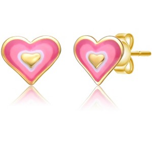 Elegant Gold-Plated Triple Heart Enamel Earrings – Stylish & Chic Design Available in Blue, Soft Pink, and Statement Large Pink - 1 of 3