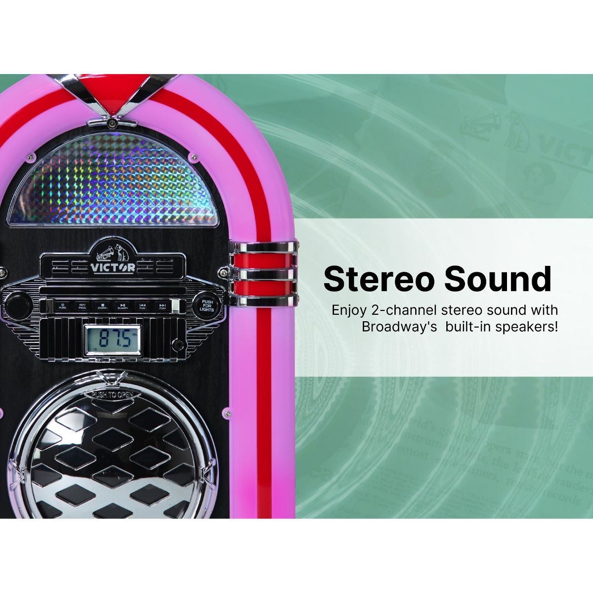 Victor Retro Bluetooth Jukebox with CD Player & FM Radio | 15-Inch 1950s Diner Style Tabletop Speaker, Color-Changing LED Lights, 33ft Wireless - thumbnail 4