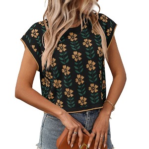 Clearlove Womens Pullover Sweaters Cap Short Sleeve Printed Crop Tops Summer Color Block Crew Neck Knit Sweaters - 1 of 4