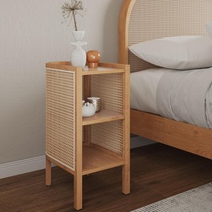 Sapphtopaz Wooden Rattan End Table with 3-Tier Storage Shelf Arch Side Table with Dip Tray Top Modern Bedside Table for Living Room, Bedroom - 1 of 4