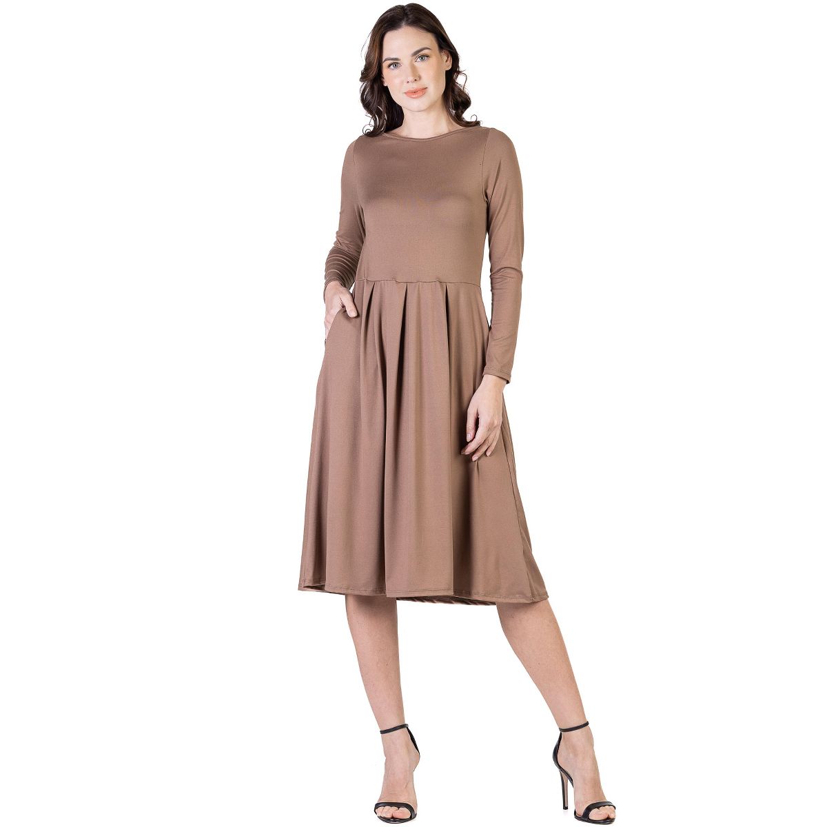 Womens Round Neck Long Sleeve Pleated Fit N Flare Pocket Midi Dress - 24seven Comfort Apparel™ - thumbnail 2