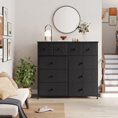 Hausource 10 Drawer Dresser Fabric Storage Tower with Wood Top for Living Room Hallway Entryway Closets, Black Gray