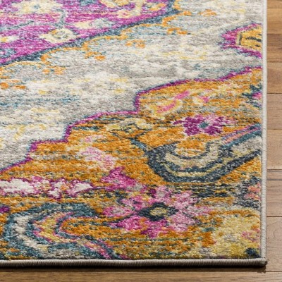 Light Grey and Fuchsia Synthetic Bohemian Area Rug