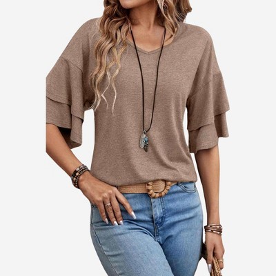 Amaryllis Women’s V-Neck Short Sleeve Blouse with Layered Ruffle Sleeves Relaxed Fit