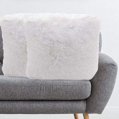 White Faux Fur Square Throw Pillow Set
