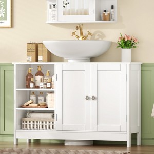 USIKEY Pedestal Sink Storage Cabinet with 2 Doors and 3 Open Shelves, Under Sink Cabinet, Bathroom Sink Cabinet with U-Shape, White - 1 of 4