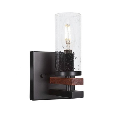 Toltec Lighting Belmont 1 - Light Sconce in  Matte Black/Wood Grain with 2.5" Clear Bubble Shade