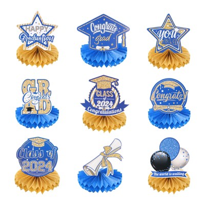 Unique Bargains Graduation Party Decorations Centerpieces Honeycombs Table Toppers Blue and Gold 9 Pcs