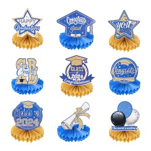 Unique Bargains Graduation Party Decorations Centerpieces Honeycombs Table Toppers Blue and Gold 9 Pcs - 1 of 4