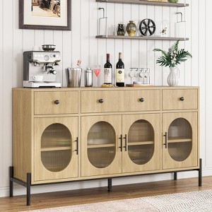 Black 62 inches Buffet Cabinet with Storage  Large Sideboard Cabinet  Coffee Bar Cabinets with 3 Drawers and 4 Fluted Glass Doors for Home/Kitchen/D - 1 of 4