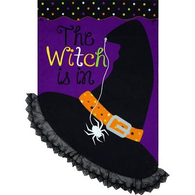 The Witch Is In Halloween Burlap Garden Flag Hat Spider 12.5"x18" Briarwood Lane