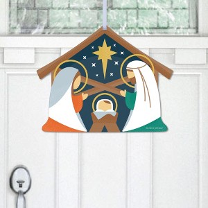 Big Dot of Happiness Holy Nativity - Hanging Porch Manger Scene Religious Christmas Outdoor Decorations - Front Door Decor - 1 Piece Sign - 1 of 4