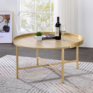 34.5" Round Coffee Table with Tray Top and Cross-Bar Metal Base, Elegant Modern Design for Living Room - 1 of 4