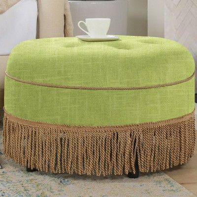 Bright Chartreuse Linen Cotton Blend Round Tufted Ottoman with Ivory Trim