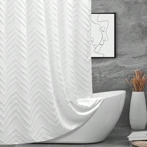White Boho Fabric Shower Curtain 60x 72 Modern Shabby Chic Textured Tufted Striped Minimalist Cloth Bathroom - 1 of 4