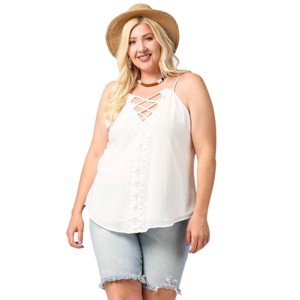 Slickblue Plus Size Scalloped Lace Lattice V-Neck Top for Women, Black,For Casual & Evening Outfits, XL - 1 of 4