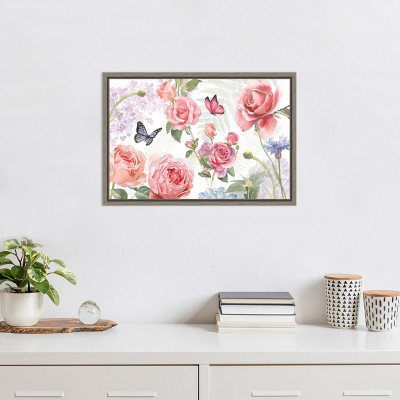 Floral Butterfly Garden Canvas Print in Wooden Frame