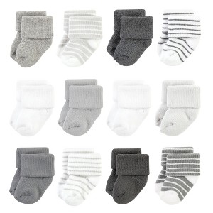 Hudson Baby Infant Boy Cotton Rich Newborn and Terry Socks, Gray Stripe 12 Pack - 1 of 4
