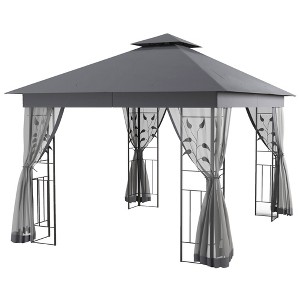 10' x 11.5' Metal Patio Gazebo, Double Roof Outdoor Gazebo Canopy Shelter w/Tree Motifs Corner Frame and Netting - 1 of 4