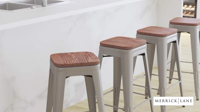 Merrick Lane Set of Four Metal Backless Wood Square Seat Bar Stools With Cross Braces, 2 of 19, play video