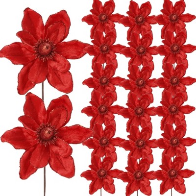 20-Pack Glittered Poinsettia Christmas Flowers for Tree Decorations, 6.3in Red Christmas Blossoms for Ornaments, Wreaths, and Holiday Home Decor
