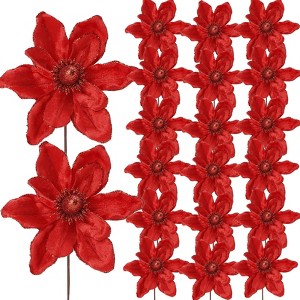20-Pack Glittered Poinsettia Christmas Flowers for Tree Decorations, 6.3in Red Christmas Blossoms for Ornaments, Wreaths, and Holiday Home Decor - 1 of 4